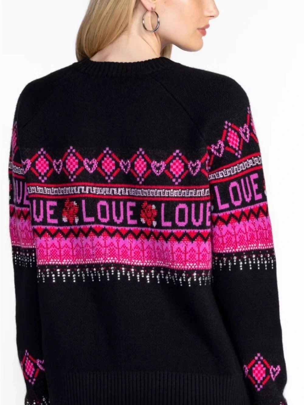 Johnny Was Black & Pink 'LOVE' Fairisle Pullover Wool and Cashmere Sweater
